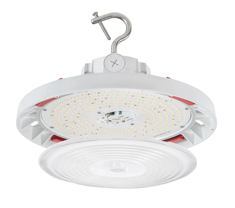 150W Power & Color Selectable Round Highbay with Optic Swap |150W/100W/70W | Includes (2) lens types, Standard 90 deg and Wide Angle 120 deg | 12-inch diameter |120-277V | 3000K/4000K/5000K | 0-10V Dimming | Built-in sensor receptacle | White housing | O-