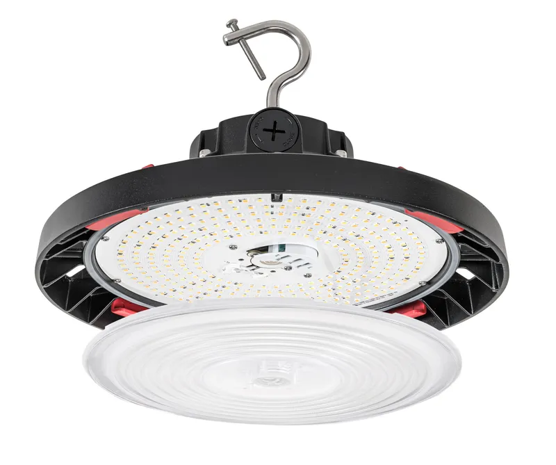 200W Power & Color Selectable Round Highbay with Optic Swap |200W/150W/100W | Includes (2) lens types, Standard 90 deg and Wide Angle 120 deg | 14-inch diameter |120-277V | 3000K/4000K/5000K | 0-10V Dimming | Built-in sensor receptacle | Standard black ho