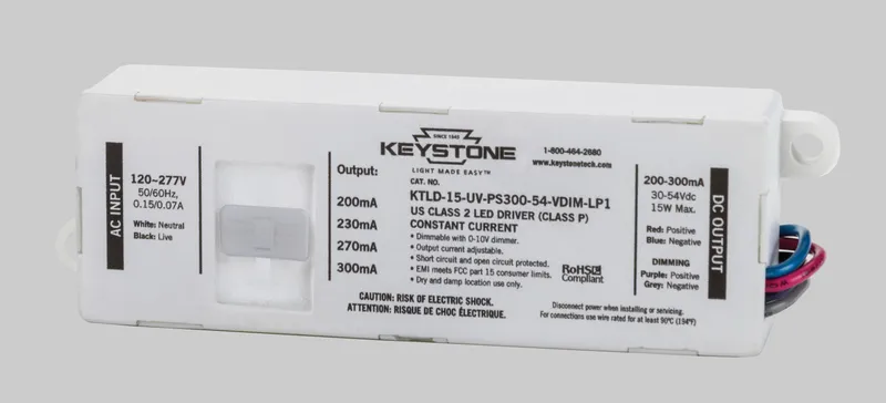 Power Select constant current LED driver, 15W, Selectable output currents include 200mA, 230mA, 270mA, and 300mA, 30-54Vdc Output Voltage, 120-277V Input, 0-10V Dimming