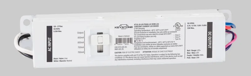 Power Select constant current LED driver, 35W, Selectable output currents include 700mA, 750mA, 800mA, and 850mA, 20-42Vdc Output Voltage, 120-277V Input, 0-10V Dimming