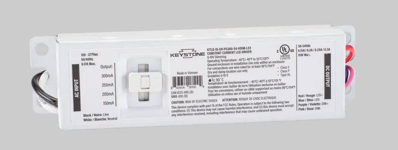 Power Select constant current LED driver, 15W, Selectable output currents include 150mA, 200mA, 250mA, and 300mA, 30-54Vdc Output Voltage, 120-277V Input, 0-10V Dimming