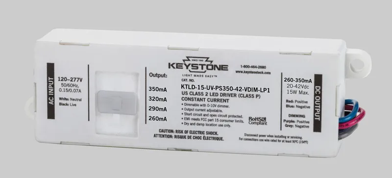 Power Select constant current LED driver, 15W, Selectable output currents include 260mA, 290mA, 320mA, and 350mA, 20-42Vdc Output Voltage, 120-277V Input, 0-10V Dimming