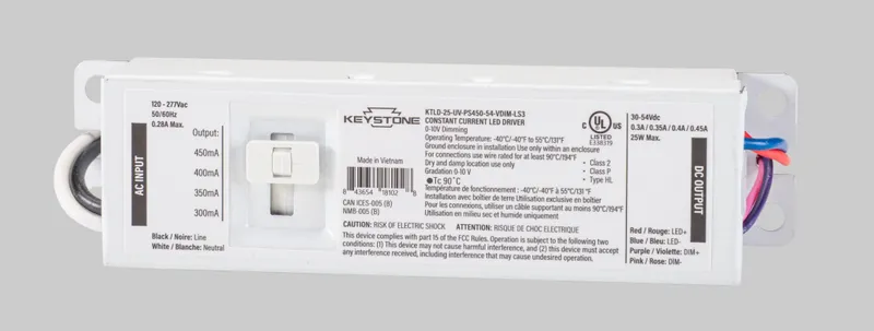 Power Select constant current LED driver, 25W, Selectable output currents include 300mA, 350mA, 400mA, and 450mA, 30-54Vdc Output Voltage, 120-277V Input, 0-10V Dimming
