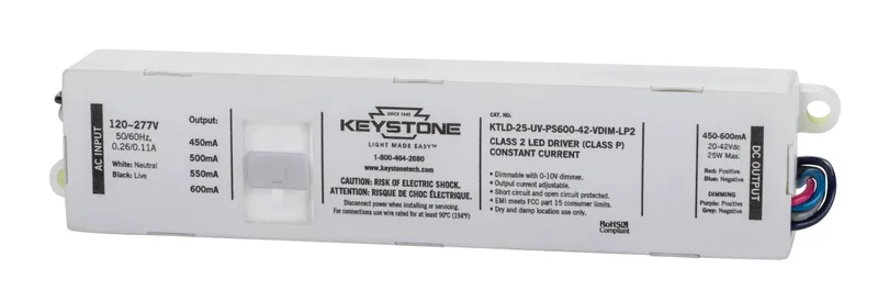 Power Select constant current LED driver, 25W, Selectable output currents include 450mA, 500mA, 550mA, and 600mA, 20-42Vdc Output Voltage, 120-277V Input, 0-10V Dimming