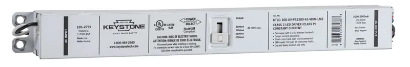Power Select Constant Current LED driver, 100W, Selectable output currents include 2000mA, 2100mA, 2200mA, 2300mA; 20-42 Vdc Output Voltage, 120-277V Input, 0-10V Dimming, Class 2 Ouput
