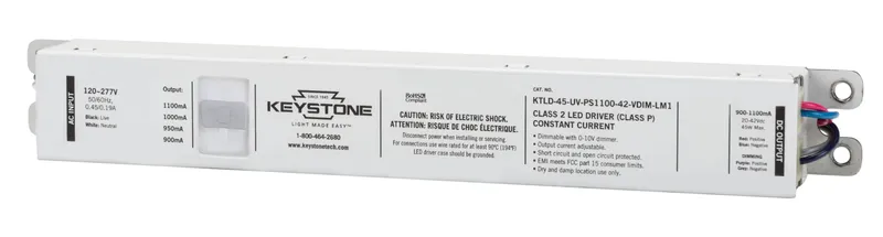 Power Select constant current LED driver, 45W, Selectable output currents include 900mA, 950mA, 1000mA, and 1100mA, 20-42Vdc Output Voltage, 120-277V Input, 0-10V Dimming