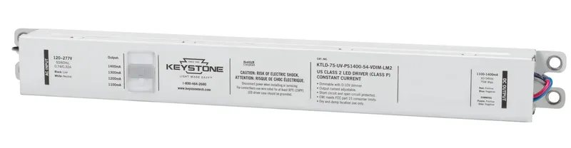 Power Select constant current LED driver, 75W, Selectable output currents include 1100mA, 1200mA, 1300mA, and 1400mA, 30-54Vdc Output Voltage, 120-277V Input, 0-10V Dimming