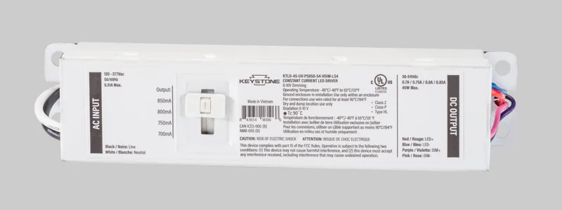 Power Select constant current LED driver, 45W, Selectable output currents include 700mA, 750mA, 800mA, and 850mA, 30-54Vdc Output Voltage, 120-277V Input, 0-10V Dimming