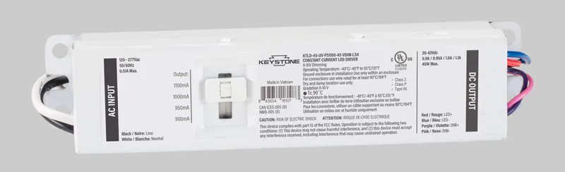 Power Select constant current LED driver, 45W, Selectable output currents include 900mA, 950mA, 1000mA, and 1100mA, 20-42Vdc Output Voltage, 120-277V Input, 0-10V Dimming
