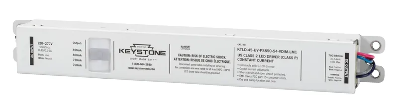 Power Select constant current LED driver, 45W, Selectable output currents include 700mA, 750mA, 800mA, and 850mA, 30-54Vdc Output Voltage, 120-277V Input, 0-10V Dimming