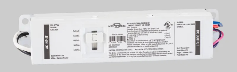 Power Select constant current LED driver, 35W, Selectable output currents include 500mA, 550mA, 600mA, and 650mA, 30-54Vdc Output Voltage, 120-277V Input, 0-10V Dimming