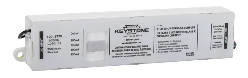 Power Select constant current LED driver, 25W, Selectable output currents include 300mA, 350mA, 400mA, and 450mA, 30-54Vdc Output Voltage, 120-277V Input, 0-10V Dimming