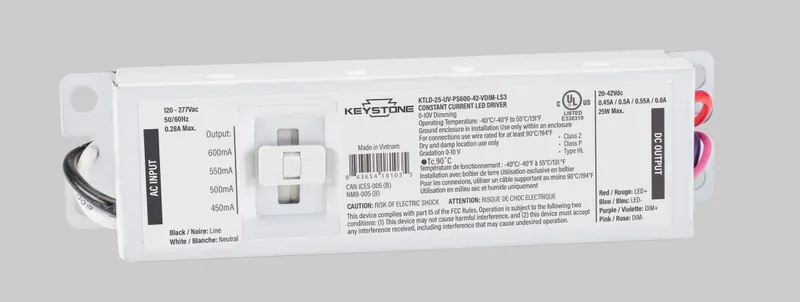 Power Select constant current LED driver, 25W, Selectable output currents include 450mA, 500mA, 550mA, and 600mA, 20-42Vdc Output Voltage, 120-277V Input, 0-10V Dimming