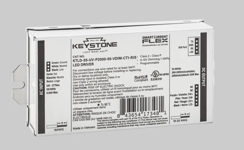 LED Driver | Programmable | Constant Current | 55W | 200-2000mA Output | 10-55V Output | 120-277Vac Input | 0-10V Dimmable | No Aux Tap | Compact Case| Terminal Block | Rear Junction Studs | Back Wiring Exits Only | Programmable via SmartCurrent Flex