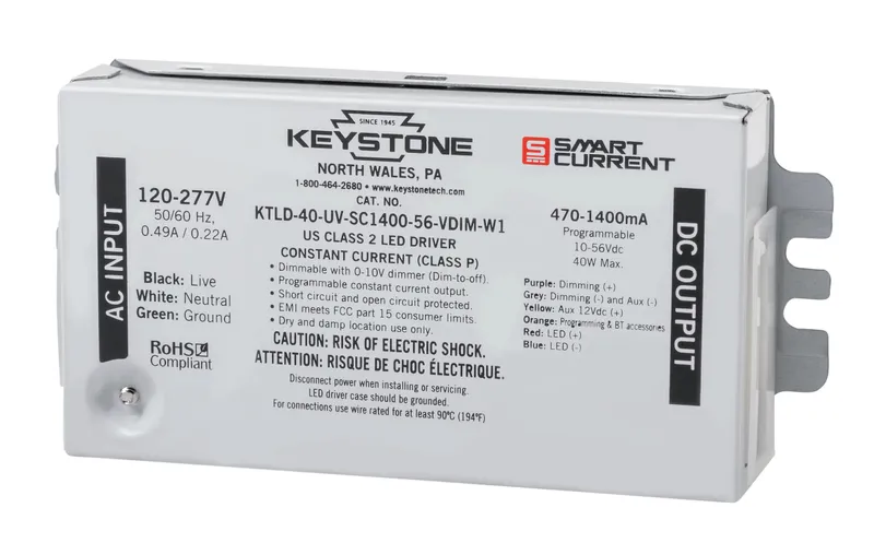 Programmable Constant Current LED Driver, 40W, 470-1400mA Output, 120-277V Input, 0-10V Dimming, Programmable via Smart Current software
