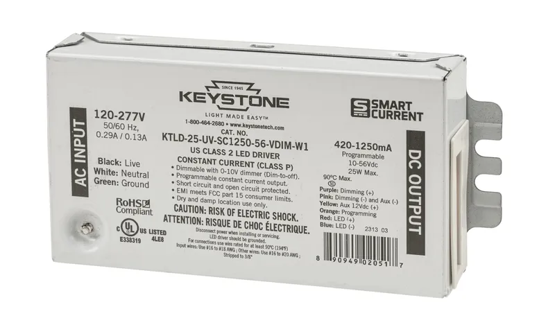 Programmable Constant Current LED Driver, 25W, 420-1250mA Output, 120-277V Input, 0-10V Dimming, Programmable via Smart Current software