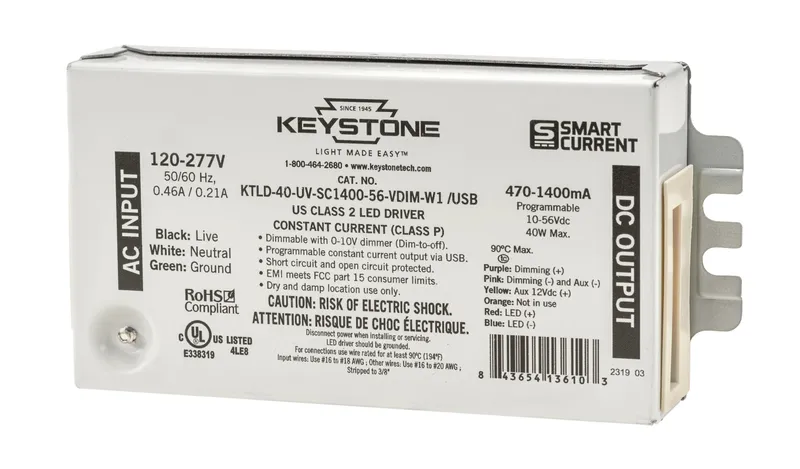 Programmable Constant Current LED Driver, 40W, 470-1400mA Output, 120-277V Input, 0-10V Dimming, Programmable via Smart Current software, Integrated USB-C Port