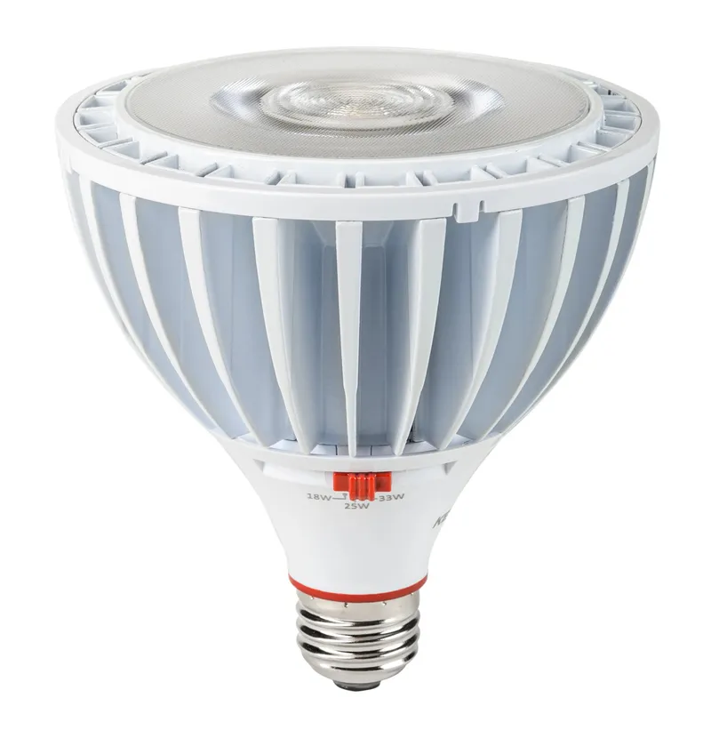 Commercial PAR38 LED lamp, Power Selectable 18/25/33W, E26 base, 3000K, 120-277V Input, Standard Flood