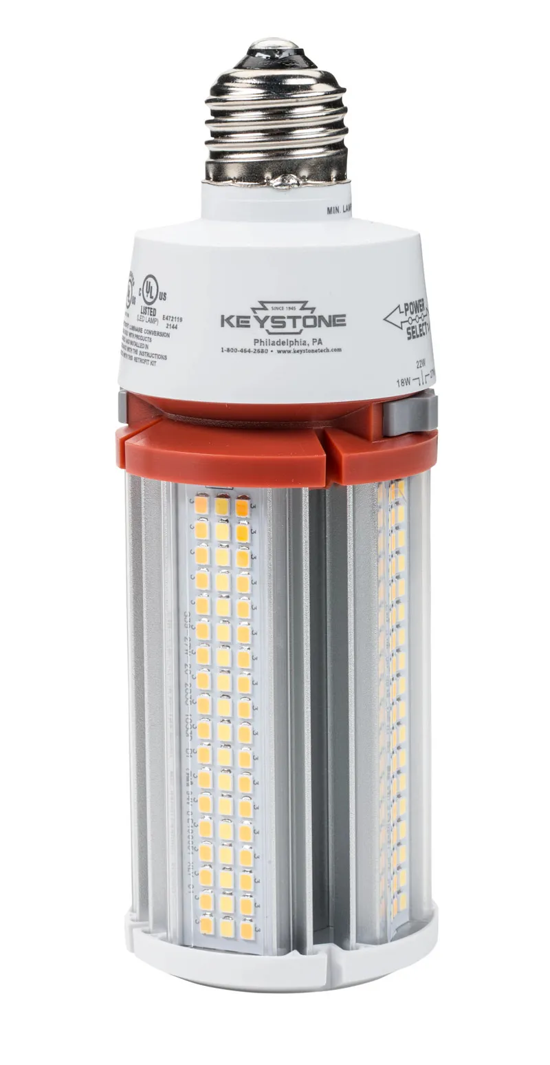 LED HID Replacement lamp feat. Power Select & Color Select. 27/22/18W, 3000/4000/5000K, 120-277V Input, E26 Base, DirectDrive