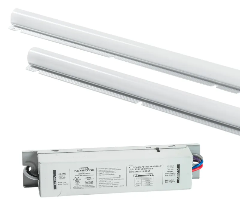 Linear LED Retrofit Kit, 4000K, 120-277V Input, 0-10V Dimming, Power Selectable between 23W, 29W, and 35W, Includes (2) 44in Alumagroove Modules, (2) 44in Lenses, (1) LED Driver, and (1) bag of assorted mounting hardware