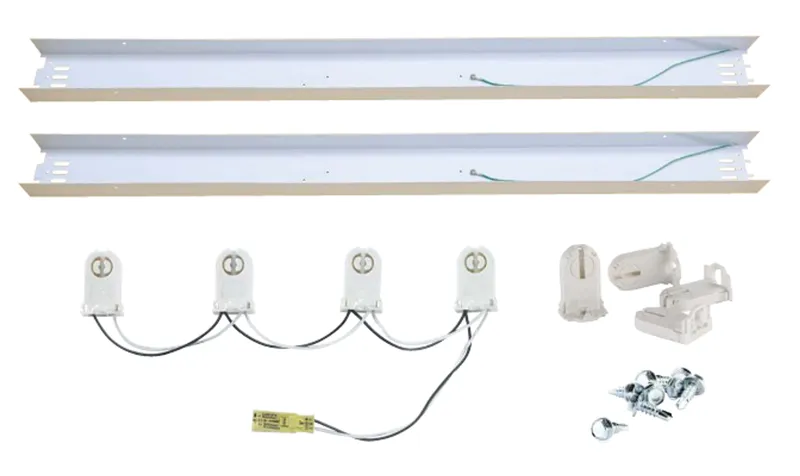 4 Lamp 8ft strip LED tube ready kit. Pre-Wired 4.25in Ballast Cover Kit for Direct Drive LED Tubes; Includes (2) 4 Ballast Covers, (1) Wiring Harness with Sockets, (4) Additional Sockets, and (8) Tek Screws