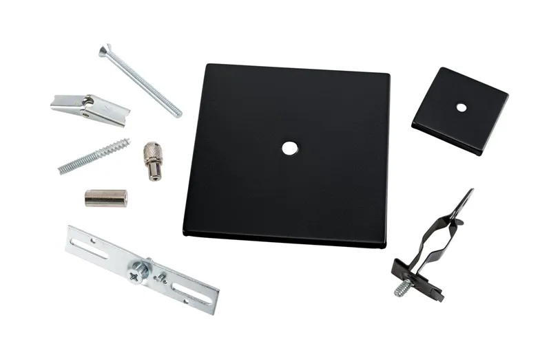 Universal Canopy Cover Non-Feed Kit. J-Box/Stud/T-Bar/Drywall/Masonry Mount. 2" & 5" Square Covers | 2 piece & 1 piece coupler | Black. No Aircraft Cable included (re-use aircraft cable supplied with each fixture.)