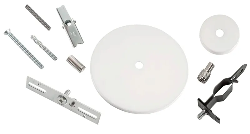 Universal Canopy Cover Non-Feed Kit. J-Box/Stud/T-Bar/Drywall/Masonry Mount. 2" & 5" Circular Covers | 2 piece & 1 piece coupler | White. No Aircraft Cable included (re-use aircraft cable supplied with each fixture.)