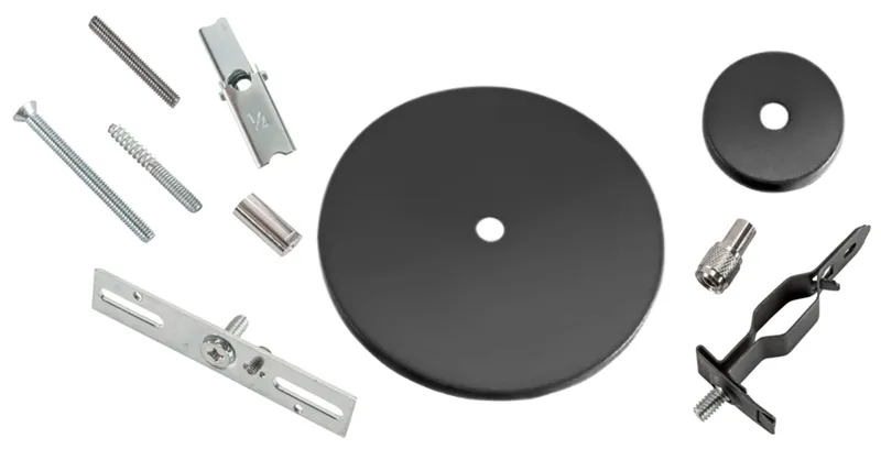 Universal Canopy Cover Non-Feed Kit. J-Box/Stud/T-Bar/Drywall/Masonry Mount. 2" & 5" Circular Covers | 2 piece & 1 piece coupler | Black. No Aircraft Cable included (re-use aircraft cable supplied with each fixture.)