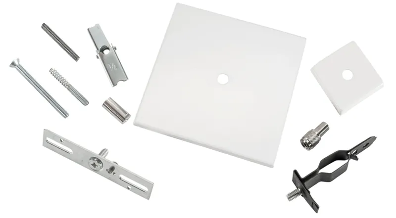 Universal Canopy Cover Non-Feed Kit. J-Box/Stud/T-Bar/Drywall/Masonry Mount. 2" & 5" Square Covers | 2 piece & 1 piece coupler | White. No Aircraft Cable included (re-use aircraft cable supplied with each fixture.)