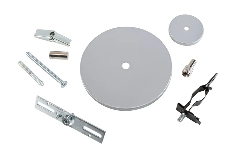 Universal Canopy Cover Non-Feed Kit. J-Box/Stud/T-Bar/Drywall/Masonry Mount. 2" & 5" Square Covers | 2 piece & 1 piece coupler | Silver. No Aircraft Cable included (re-use aircraft cable supplied with each fixture.)