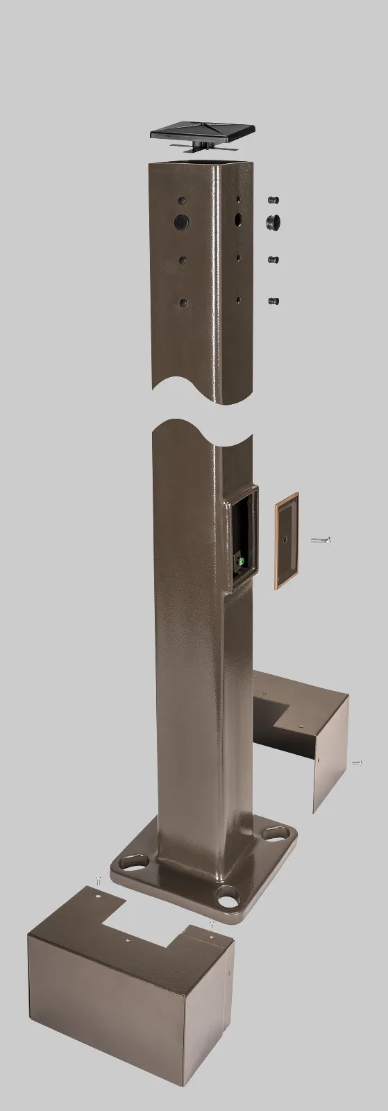 4in Square Steel Pole | 25ft | 11GA | Universal Drill Pattern on All 4 Sides | Includes pole, pole cap, base plate cover, hand hole cover, and plugs for the universal drill pattern