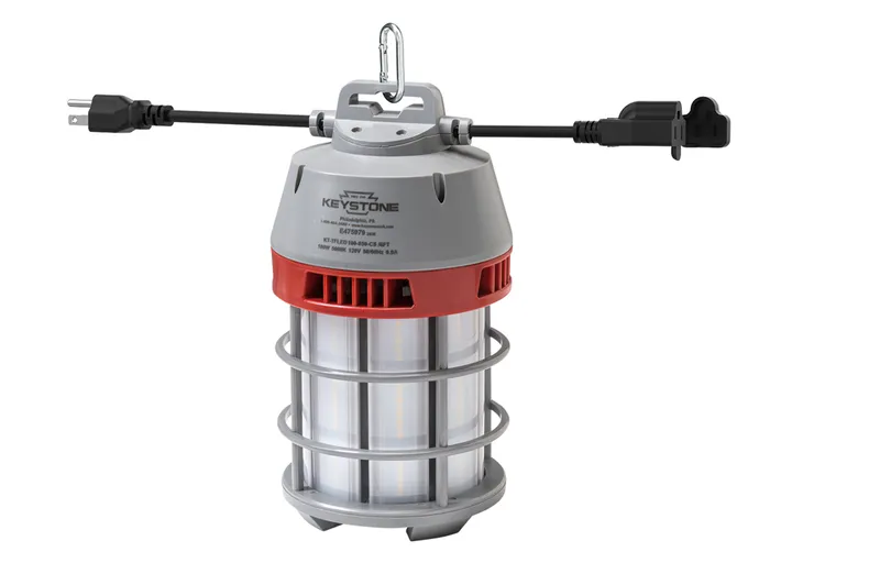 LED temporary jobsite fixture | 100W | 5000K | 12,000 lumens | Diffused lens | Includes 6ft power cord, mounting hook, and safety cage | Linkable