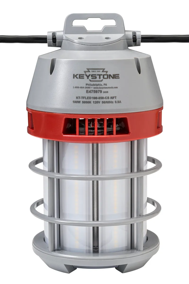 LED temporary jobsite fixture | 100W | 5000K | 12,000 lumens | Diffused lens | Includes 30ft power cord, mounting hook, and safety cage | Linkable