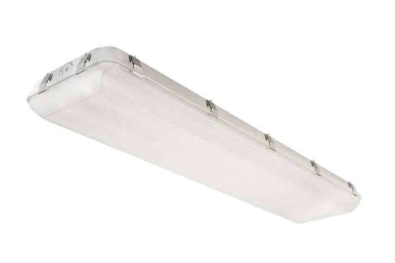 4ft Vapor Tight High Bay Fixture | Wide Body | Power Select & Color Select | 215/175/135W | 120-277V Input | 3500/4000/5000K | Frosted Lens | 0-10V Dimming with built in sensor receptacle | 10kV Surge