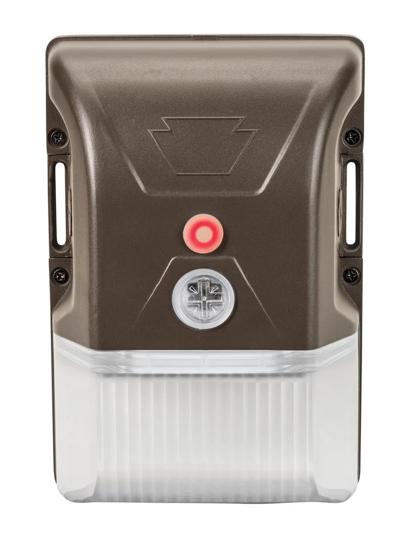 20W LED Mini Wall Pack, Color Select 30/40/50K, 120-277V Input, 0-10V Dimmable, Photocell, Bronze Housing, Integrated 4W 550 Lumen Emergency Battery Backup