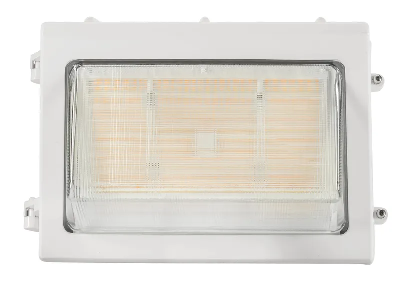 80W LED Wall Pack feat. Color Select, Traditional Open Face Medium Housing. 120-277V Input, 3000K/4000K/5000K. 0-10V Dimmable. White Housing.