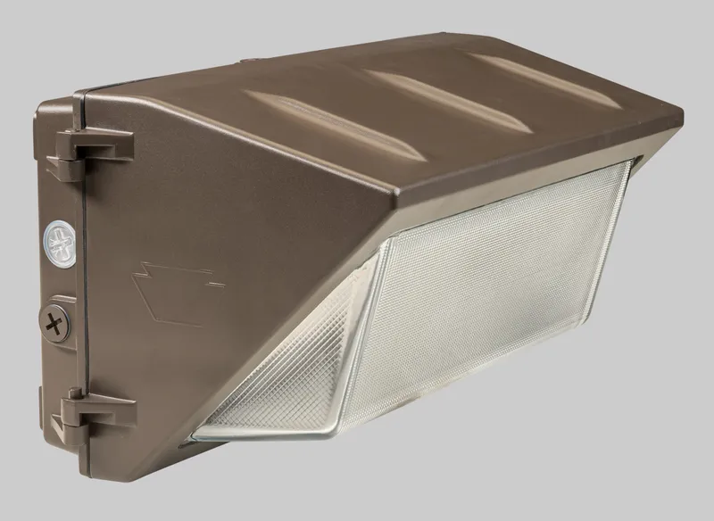 120W LED Traditional Open Face Wall Pack, Power Select 120/100/80W, Color Select 30/40/50K, 277-480V Input, 0-10V Dimmable, Photocell, Bronze Housing