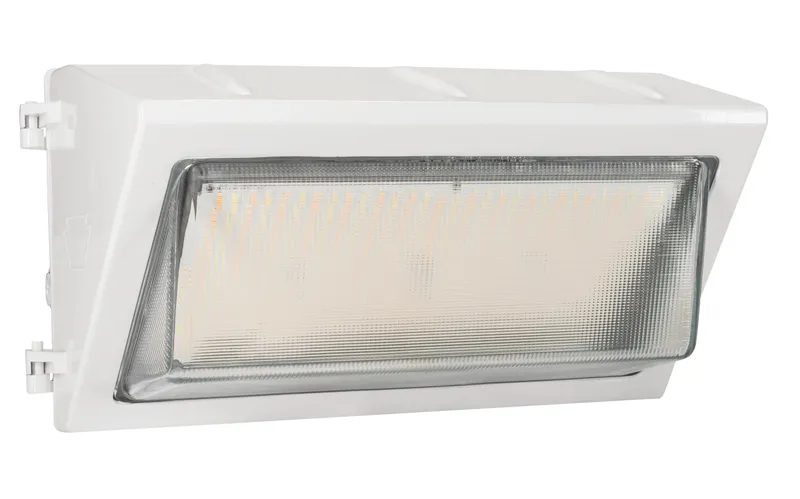 120W LED Traditional Open Face Wall Pack, Power Select 120/100/80W, Color Select 30/40/50K, 120-277V Input, 0-10V Dimmable, Photocell, White Housing