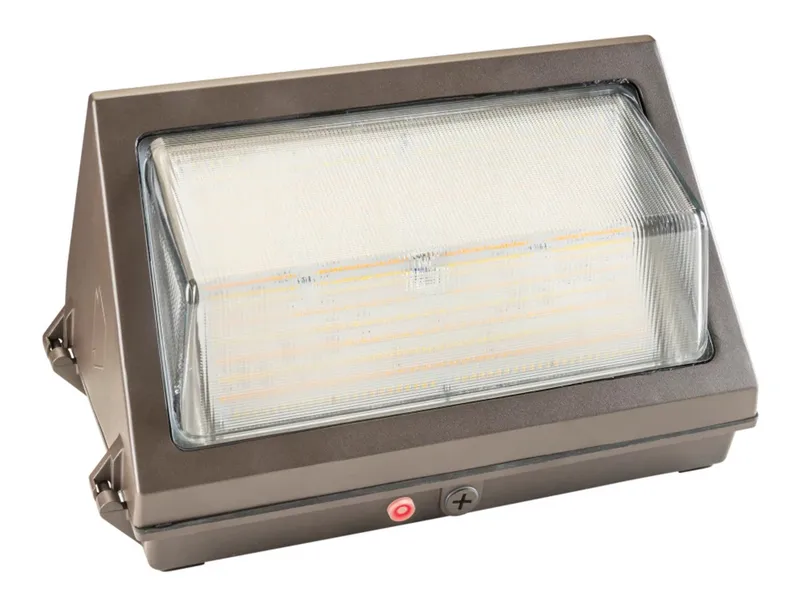 120W LED Traditional Open Face Wall Pack, Power Select 120/100/80W, Color Select 30/40/50K, 120-277V Input, 0-10V Dimmable, Photocell, Bronze Housing, Integrated 10W Emergency Battery Backup