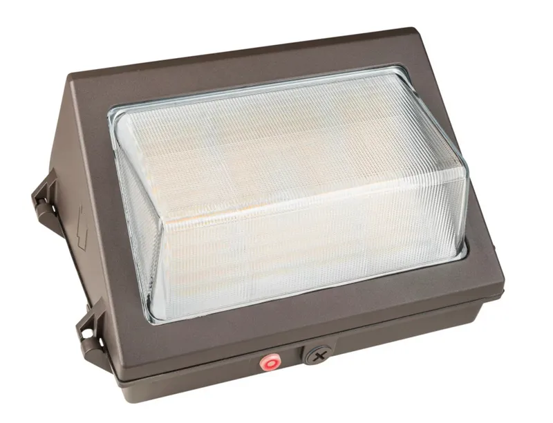 55W LED Traditional Open Face Wall Pack, Power Select 55/45/35W, Color Select 30/40/50K, 120-277V Input, 0-10V Dimmable, Photocell, Bronze Housing, Integrated 10W Emergency Battery Backup