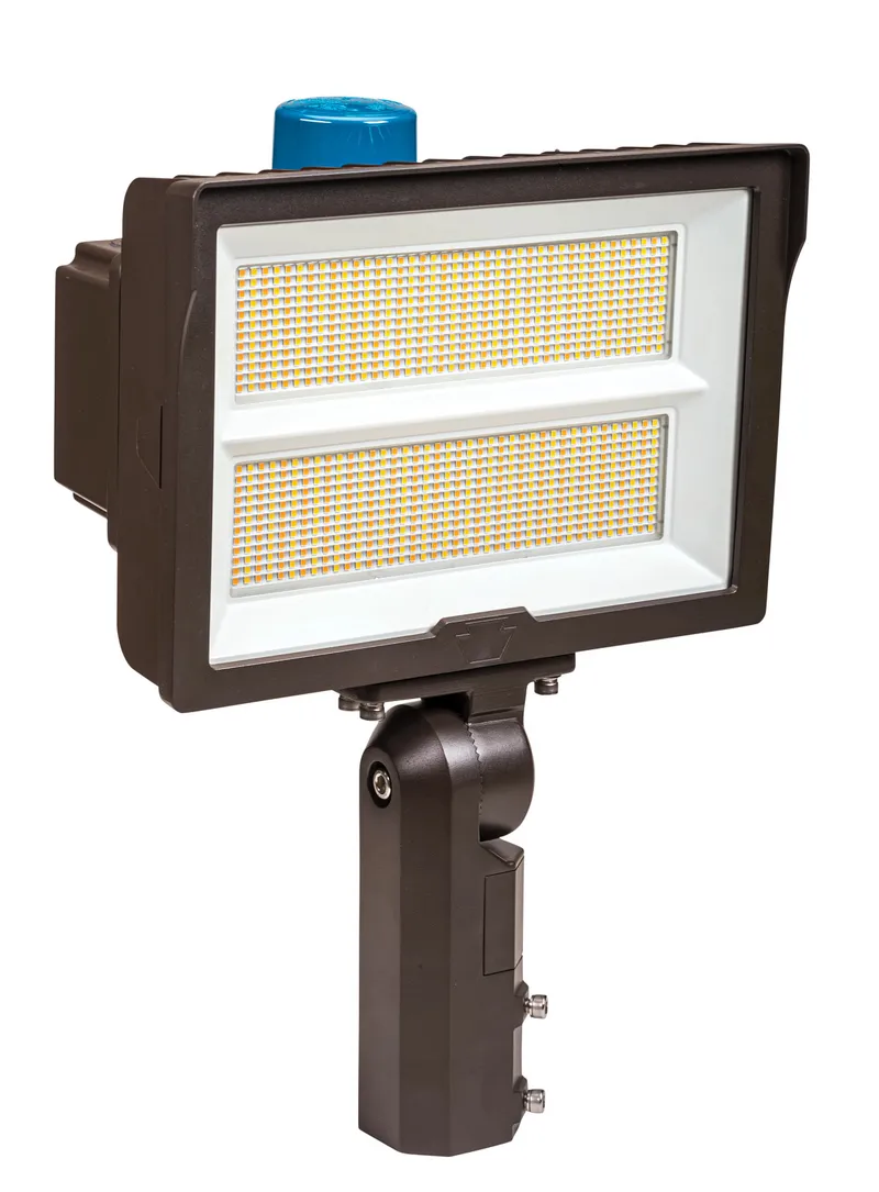290W LED Flood Light feat. Power Select, Color Select. Rectangular Series 2 with Built-in Photocell. 120-277V Input, 3000K/4000K/5000K. Standard Bronze Housing. 5H x 5V Distribution, Slip Fitter and Trunion Mount Included.