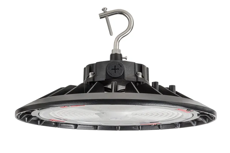 Round Highbay Fixture | Power Select 200/150/100W | Color Select 3000/4000/5000K | 120-277V Input | 90 deg lens | 11-inch diameter | 0-10V Dimming | Built-in sensor receptacle | Standard black housing | J-Hook Included |Gen2 | White Box Program
