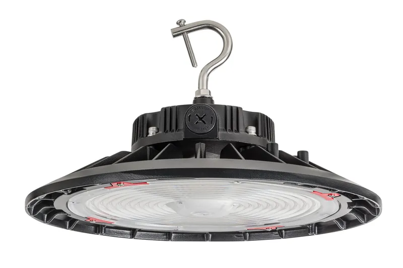 Round Highbay Fixture | Power Select 240/200/150W | Color Select 3000/4000/5000K | 120-277V Input | 90 deg lens | 11-inch diameter | 0-10V Dimming | Built-in sensor receptacle | Standard black housing | J-Hook Included |Gen2 | White Box Program