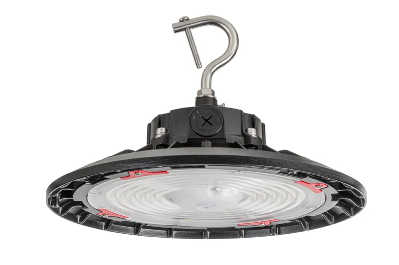 Round Highbay Fixture | Power Select 150/100/70W | Color Select 3000/4000/5000K | 120-277V Input | 90 deg lens | 11-inch diameter | 0-10V Dimming | Built-in sensor receptacle | Standard black housing | J-Hook Included |Gen2 | White Box Program