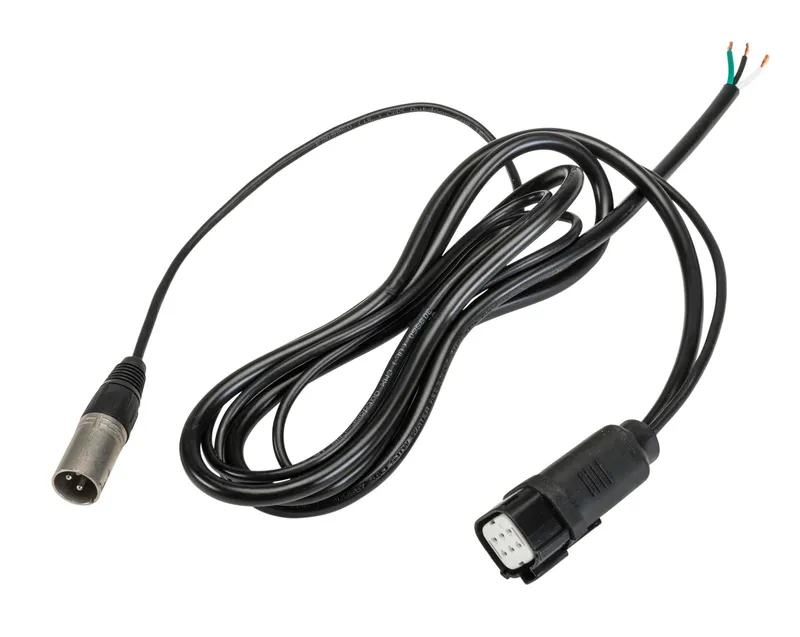 6' long 3 wire input cord, 120-277V, with proprietary Waterproof Connector and standard 3-pin XLR connector, for use with Keystone RGBW wall wash fixtures when controlling via 3rd party DMX controller
