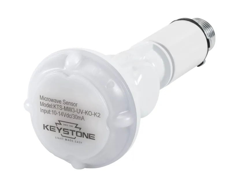 Microwave Sensor Kit, Includes 120-277V input to 12V DC convertor, IP65 12V input sensor head, Nomex Sleeve, Extension Neck. Bi-Level Control with Adjustable Hold Time, Dim Level and Standby Time. Installs via standard 1/2in KO