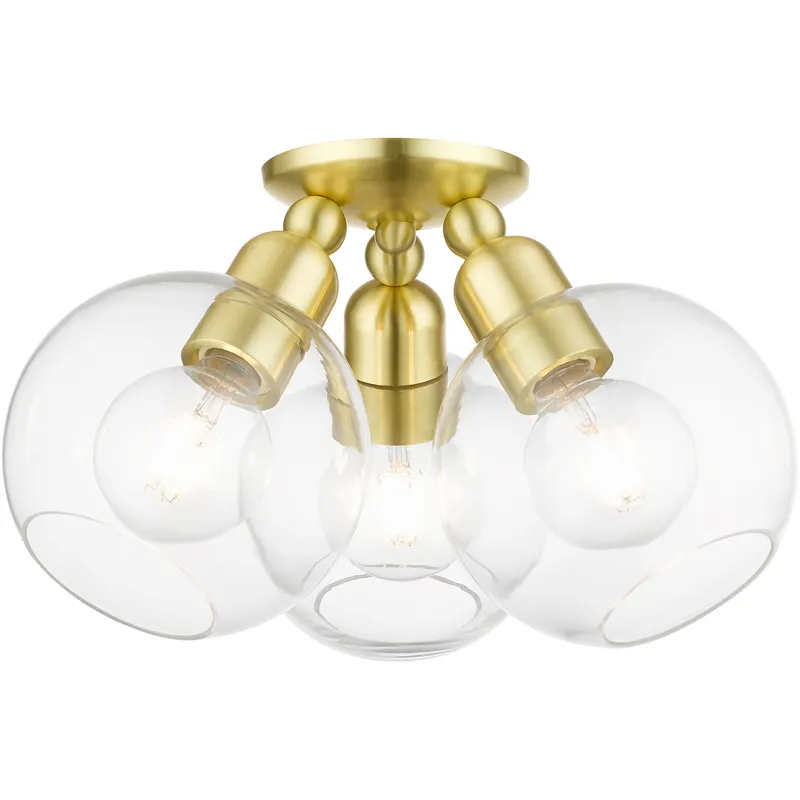 Downtown 3 Light 16 inch Satin Brass Sphere Semi-Flush Ceiling Light, Sphere