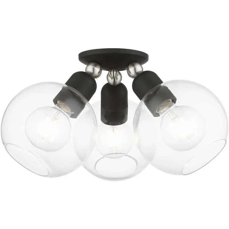 Downtown 3 Light 16 inch Black with Brushed Nickel Accents Sphere Semi-Flush Ceiling Light, Sphere