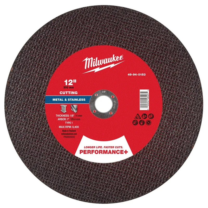 Milwaukee 12 in x 1/8 in x 1 in Performance Plus Metal Cut Off Wheel Type 1 (10 Pack)