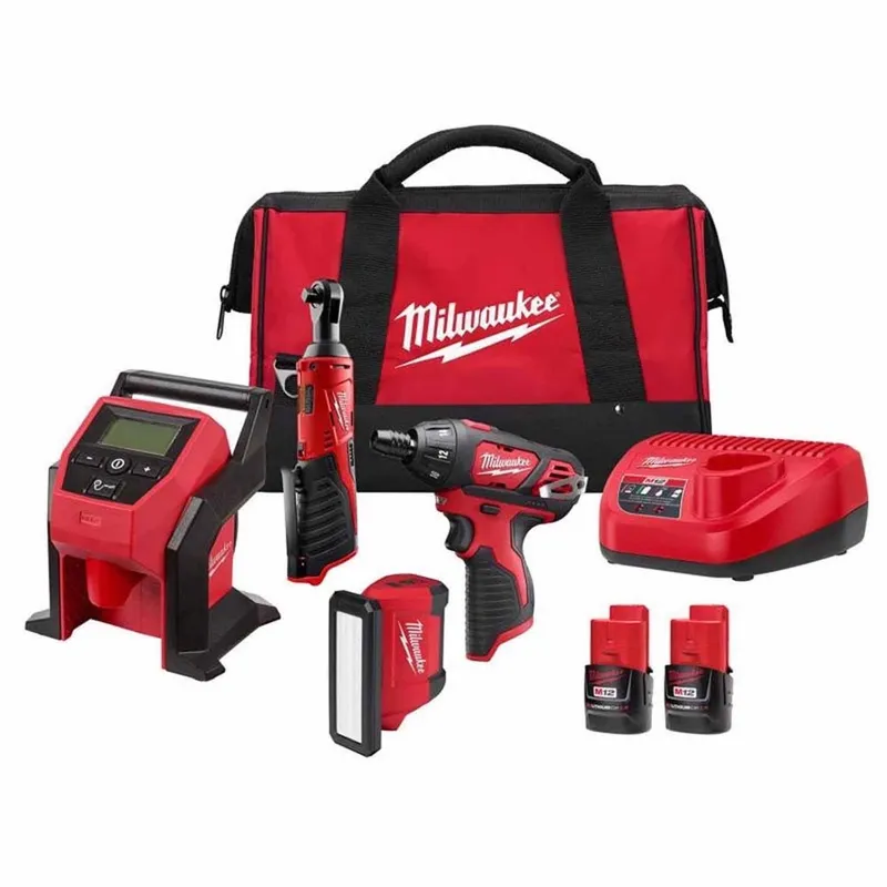 Milwaukee M12 4-Tool Cordless Combo Kit with Hex Screwdriver, Flood Light, Inflator and 3/8 in Ratchet (4 Tool Kit)